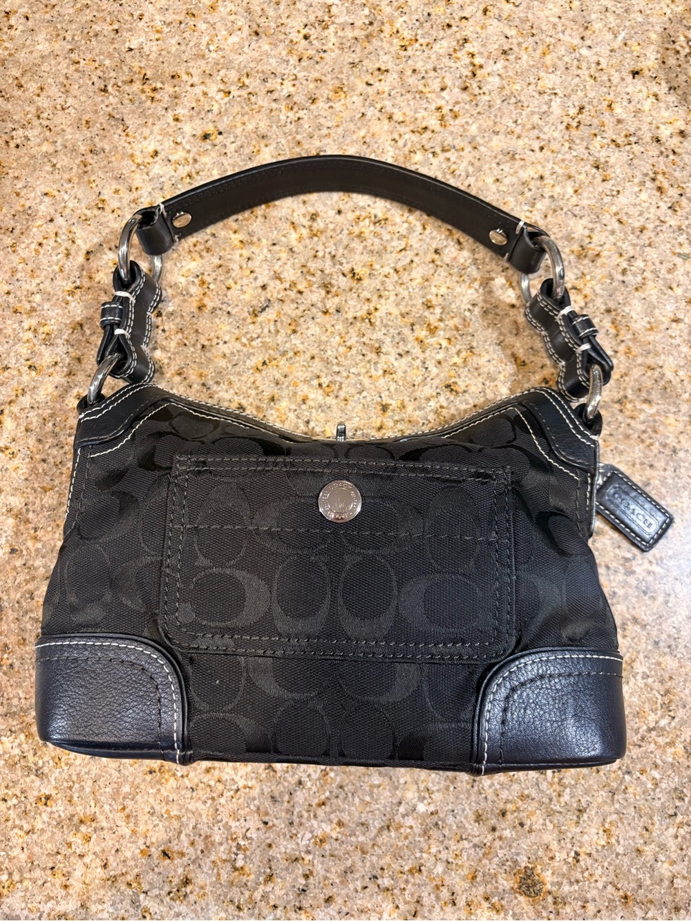 Vintage Y2K Coach Black Signature Canvas Shoulder Bag with Leather Trim